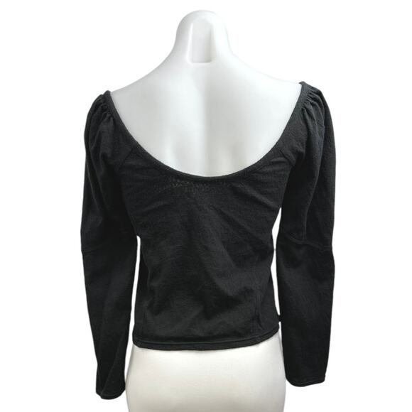 Free People Women's Black Long Puff Sleeve Scoop Neck Button Up Blouse Top Sz M - Picture 2 of 3